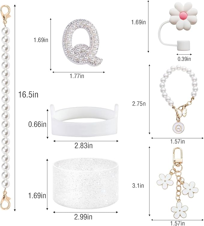 Cup Accessories Set for Stanley- Including Water Bottle Carrying Pearl Strap, Handle Letter Charms Sticker, Siliocne Boot Straw Cover for Stanley 40oz & 30oz Tumbler Accessory Kit Q
