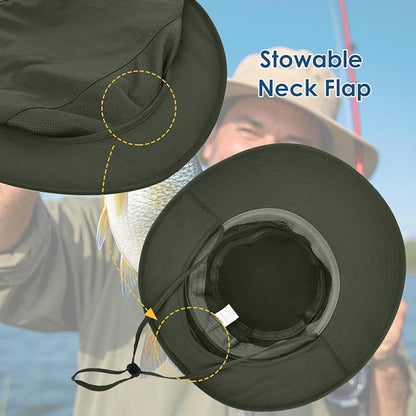 Men&Women Foldable Outdoor Sun Hat with Packable Neck Flap, UV Sun Protection Wide Brim Safari Cap