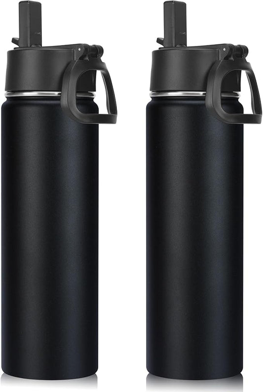 Neihepal 22 oz Insulated Water Bottles with Leak Proof Straw Lid, Wide Mouth Double Walled Vacuum Stainless Steel Metal Water Bottle (Black,2 Pack)
