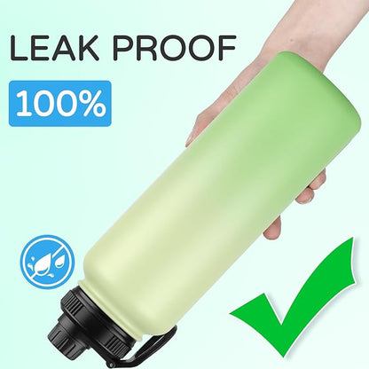 DOMICARE 40 oz Insulated Water Bottle, Vacuum Insulated Stainless Steel Sports Water Bottle with Straw Lid & Spout Lid, Leakproof, Reusable - Travel, Camping, Bike, Green Gradient
