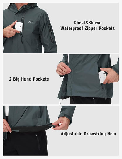 TBMPOY Men's Lightweight Rain Jackets Waterproof Raincoat with Hood Running Cycling Hiking Outdoor Windbreaker