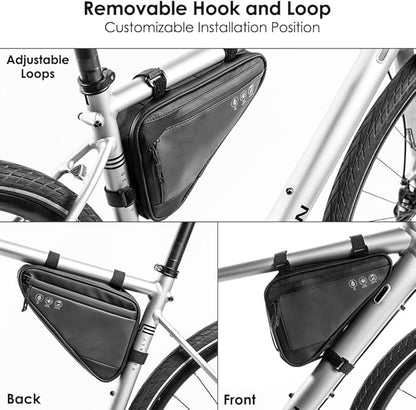 WOTOW Bike Frame Storage Bag, Water Resistant Reflective Bicycle Triangle Bag with Two Side Pockets, Strap-On Under Seat Tool Accessories Pouch for Mountain Road Bike Trip (2L)