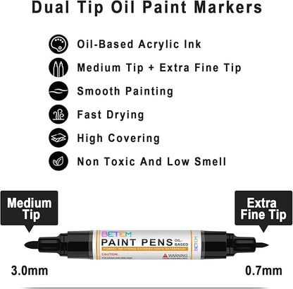 Betem 4 Count Dual Tip Oil Based White Black Paint Markers Pens(0.7mm & 3mm), Permanent Paint Marker, Waterproof, Quick Dry, for Rock Painting, Wood, Plastic, Metal, Canvas(2White 2Black)