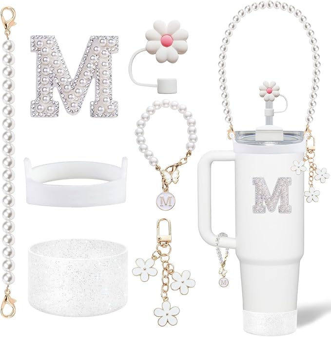 Stanley Cup Accessories Set - Including Water Bottle Carrying Pearl Strap, Handle Letter Charms Sticker, Silicone Cups Boot Straw Cover for 40oz & 30oz Tumbler Accessory Kit