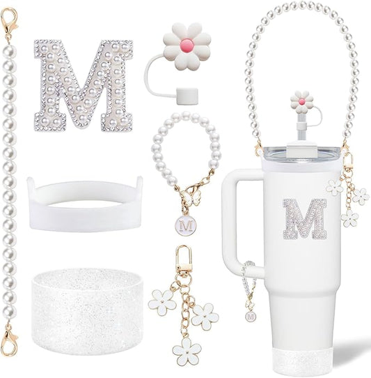 Stanley Cup Accessories Set - Including Water Bottle Carrying Pearl Strap, Handle Letter Charms Sticker, Silicone Cups Boot Straw Cover for 40oz & 30oz Tumbler Accessory Kit