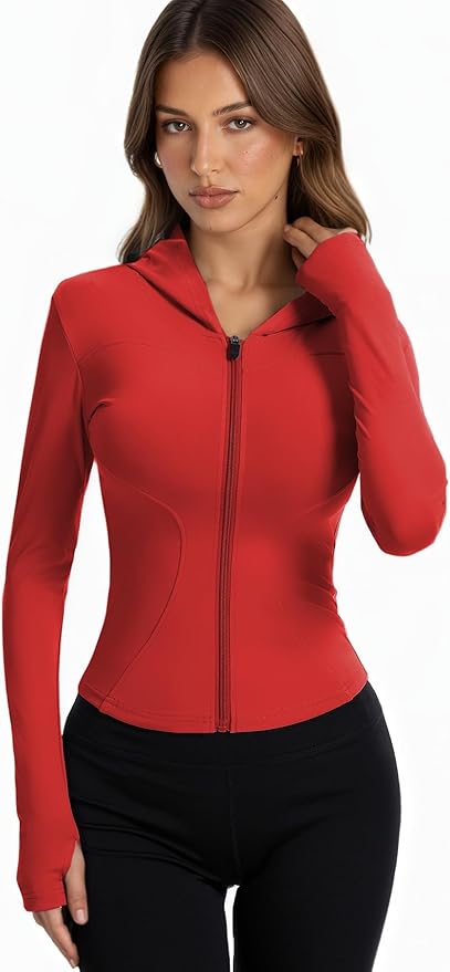 Women Bbl Jackets with Hood Compression Workout Tops Lined or Unlined Lightweight Yoga Gym Jacket with Thumb Hole