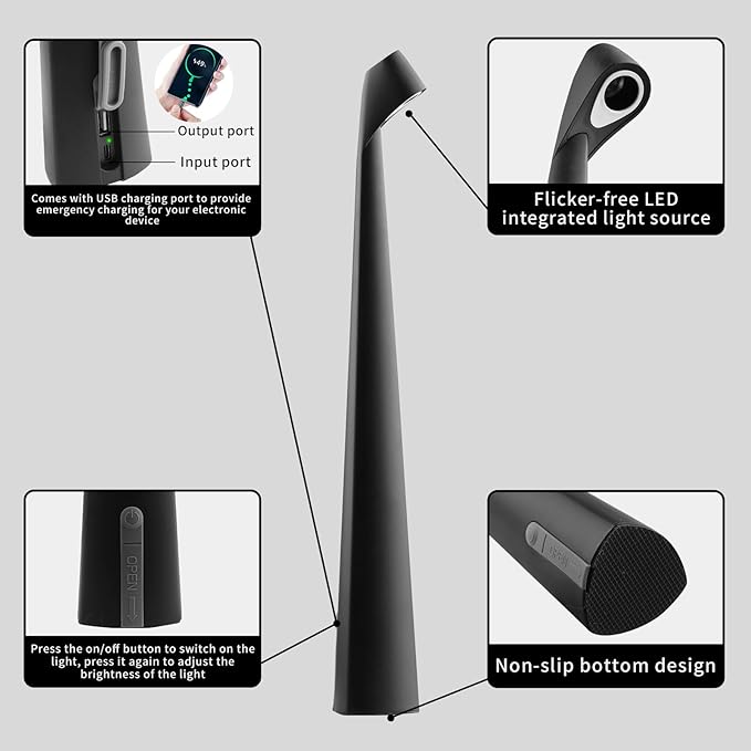 Portable LED Table Lamp 3-Levels Brightness, Rechargeable Battery Up to 48 Hours Usage, Night Light for Kids Nursery, Nightstand Lamp, Bedside Lamp.LED Desk Lamps Outdoor Portable Touch Lamps.(Black)