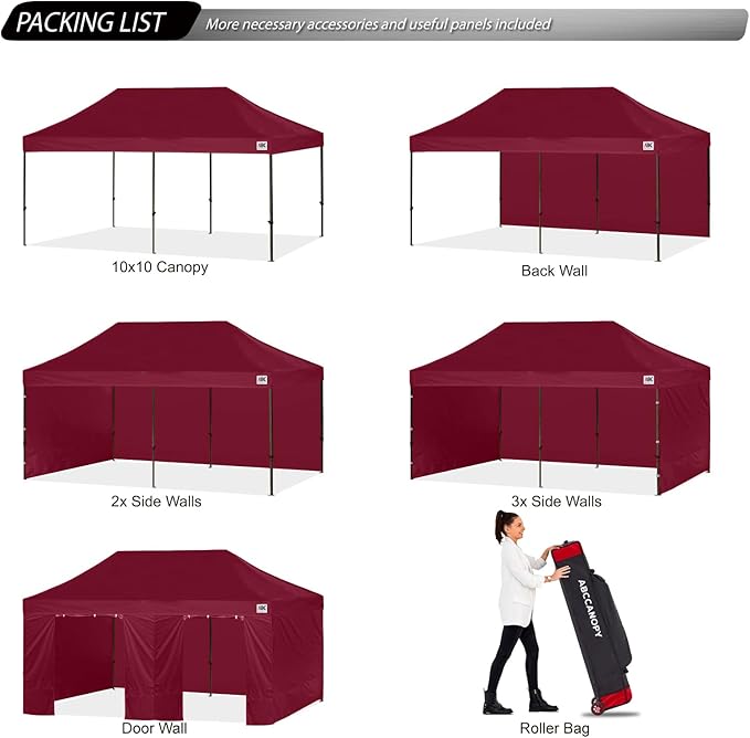 ABCCANOPY Heavy Duty Easy Pop up Canopy Tent with Sidewalls 10x20, Burgundy
