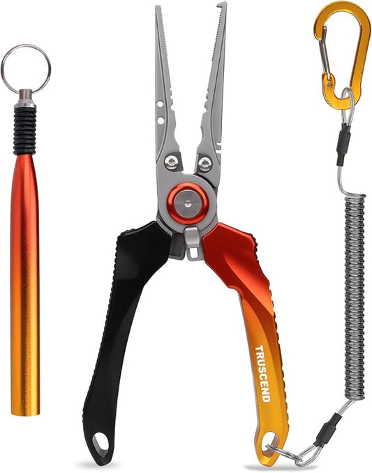 TRUSCEND Lockable Handy Fishing Pliers with Innovative Ergonomic Handle, Saltwater Corrosion Resistant Teflon Coated Fishing Tool, Multi-Function Fishing Gear with Mo-V Cutter