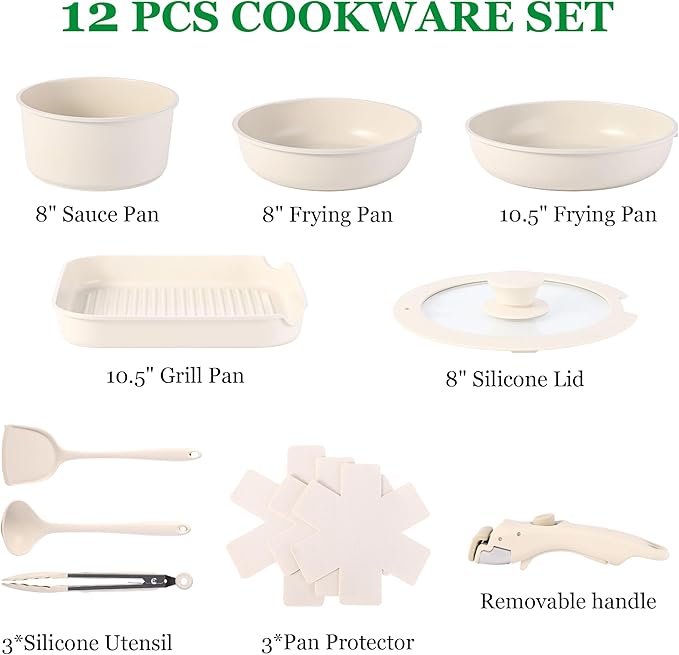 12 PCS Kitchen Cookware Set Aluminum non stick pan Removable & microwaveablewith, Induction Pot Pan Set for RV Cookware,Oven Safe, PFOA Free(White)