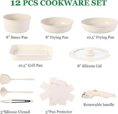 12 PCS Kitchen Cookware Set Aluminum non stick pan Removable & microwaveablewith, Induction Pot Pan Set for RV Cookware,Oven Safe, PFOA Free(White)