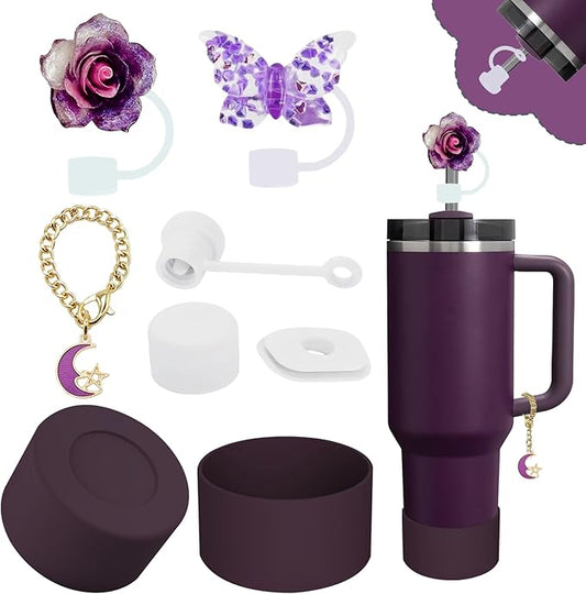 Stanley Cup Accessories Set,Including 2 Pcs 0.4in Straw Cover, 1 Silicone Spill-Proof Stopper Set of 3, 1 Cute Moon Handle Charm, 1 Silicone Boot Fits Stanley 40&30 Oz Tumbler (Plum)