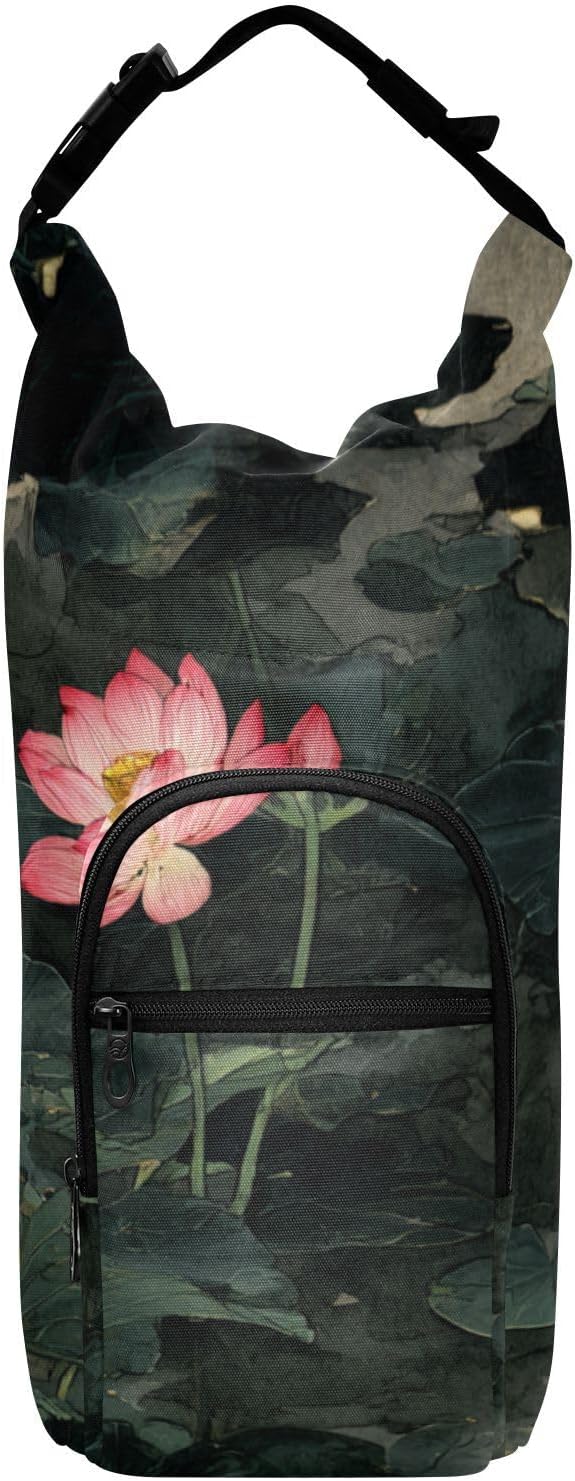 Chinese Style Lotus Flower Water Bottle Holder with Strap Insulated Water Bottle Carrier Crossbody Bags Pouch with Phone Pocket for Travel Gym Hiking Walking Running