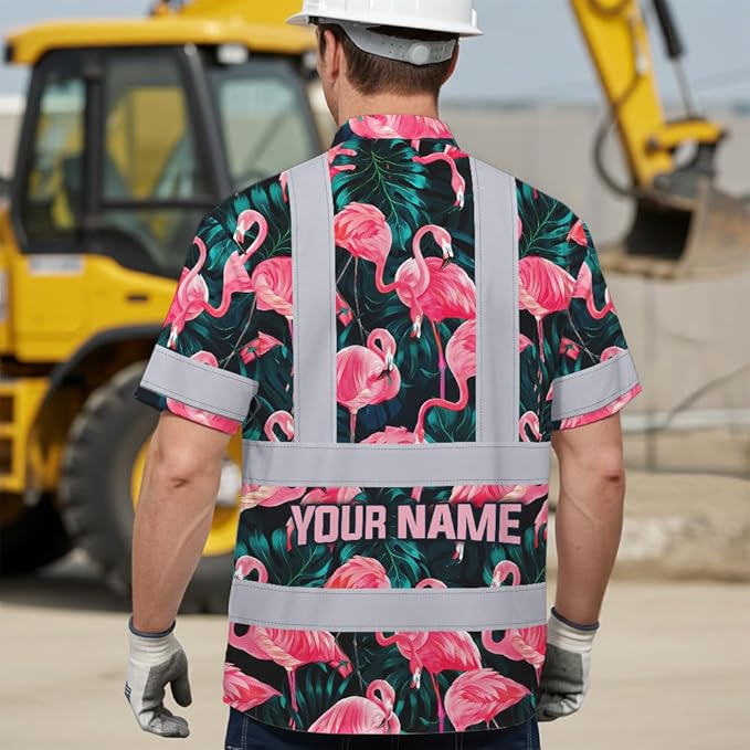 High Visibility Hawaiian Shirt for Men Tropical Shirts Custom Name Floral Outfit Reflective Safety Workwear