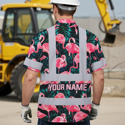 High Visibility Hawaiian Shirt for Men Tropical Shirts Custom Name Floral Outfit Reflective Safety Workwear