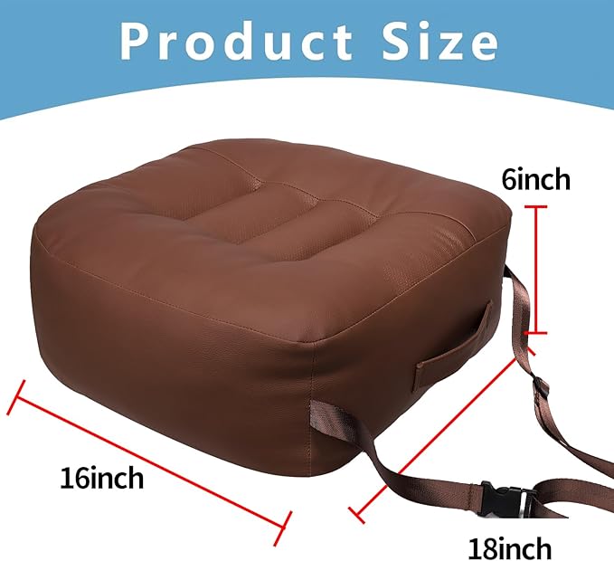 YOUFI Leather Seat Cushion Extra-Thick Booster for Office Chair to Rise Height - Full Filling for Support - with Breathable Cover, Handle and Buckle - Relieves Back Pain – 18"x16"x6" (Brown)
