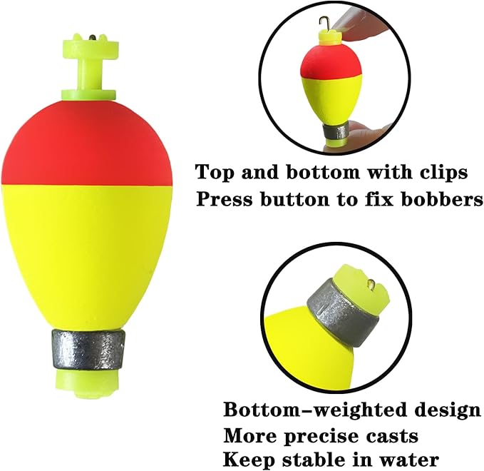 Fishing Bobbers Floats,10 Packs Weighted Bobbers for Fishing Foam Snap-on Fishing Floats Ball Oval Fishing Corks Bluegill Crappie Panfish Bass Trout