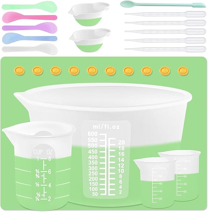 Silicone Measuring Cups Kit for Resin, Epoxy Supplies Set with 600ml, 250ml & 100ml Silicone Cups, Reusable Resin Supplies Cups with Silicone Mat, Stir Sticks, Mixing Cups for Molds Arts, Crafts