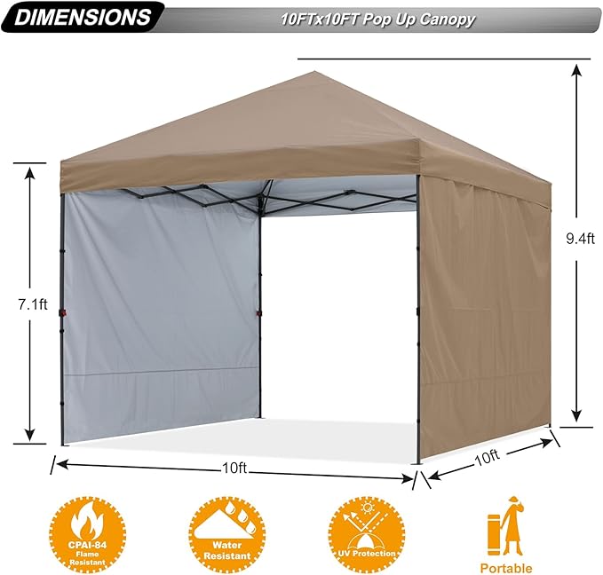 ABCCANOPY Easy Pop up Canopy Tent with 2 Sidewalls for Outdoor Sun Blocking or Rain Protection,10x10,Khaki