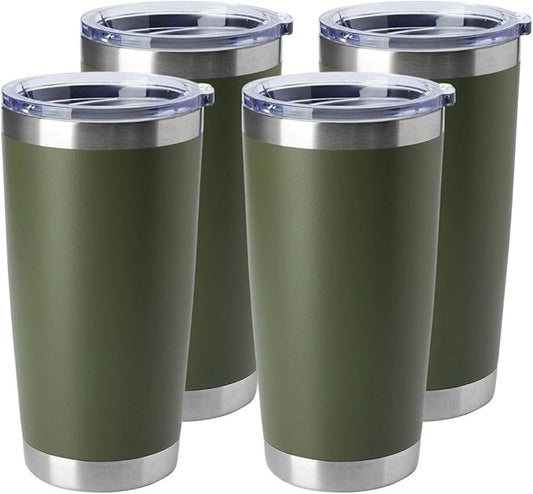 HASLE OUTFITTERS 20oz Stainless Steel Tumblers Bulk, Insulated Travel Cup with Lid, Double Wall Vacuum Coffee Mug for Cold & Hot Drinks 4 Pack, Army Green