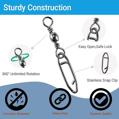 QISHUO High Strength Fishing Swivels Stainless Clips Steel Snap Swivels Barrel Connector Saltwater Swivel Fishing Rolling Black Nickel