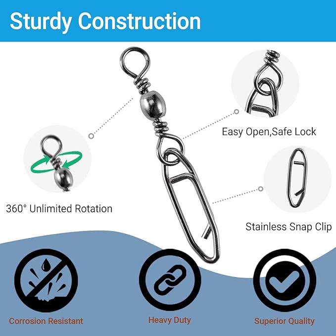 QISHUO High Strength Fishing Swivels Stainless Clips Steel Snap Swivels Barrel Connector Saltwater Swivel Fishing Rolling Black Nickel