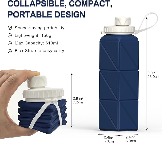 Collapsible Water Bottles 20.6oz, Silicone Foldable Portable Travel Water Bottle, BPA-Free, Leakproof Reusable for Traveling Camping Hiking Cycling Yoga Sports Outdoor, 1 Pack (Dark Blue)