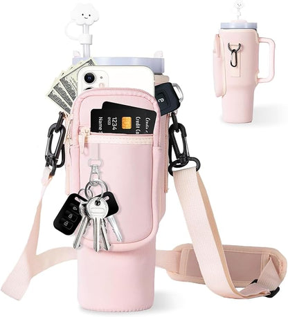 dabria Water Bottle Carrier Bag with Phone Pocket for Stanley 40/30 oz Tumbler Neoprene Water Bottle Holder Pouch with Adjustable Strap Bollus with Straw Cover & Carabiner for Stanley Cup Accessories