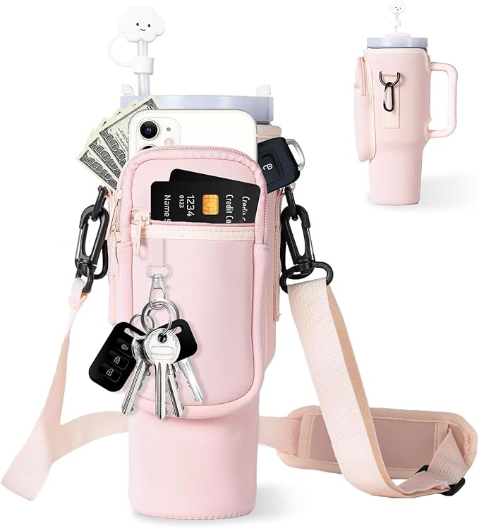 dabria Water Bottle Carrier Bag with Phone Pocket for Stanley 40/30 oz Tumbler Neoprene Water Bottle Holder Pouch with Adjustable Strap Bollus with Straw Cover & Carabiner for Stanley Cup Accessories