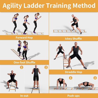 YISSVIC Agility Ladder and Cones 20 Feet 12 Adjustable Rungs Fitness Speed Training Equipment,1 Carry Bags, 10 Cones, 4 Stakes, Basketball, Soccer