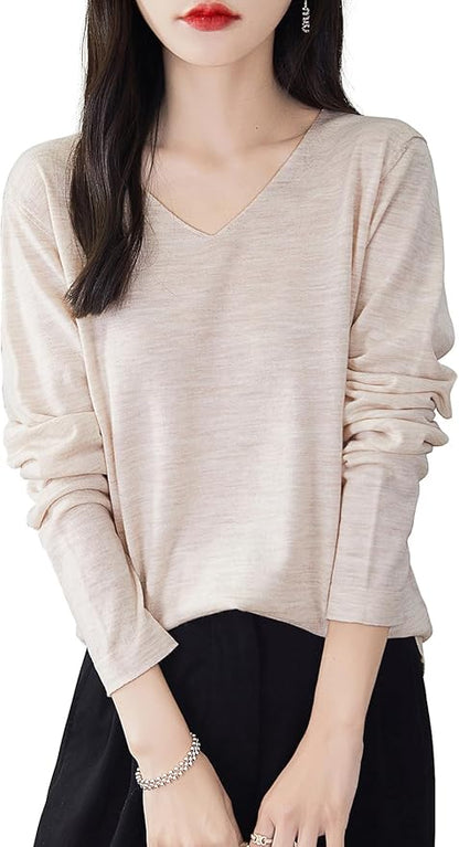 Chanyarn Women's 100% Merino Wool Base Layer Shirt Tops V Neck Long Sleeve Travel Hiking Tee T Shirt Pullover Sweater