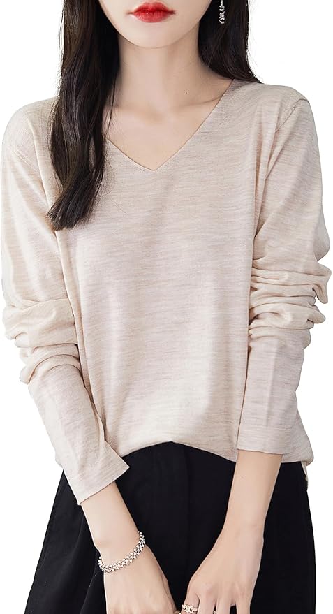 Chanyarn Women's 100% Merino Wool Base Layer Shirt Tops V Neck Long Sleeve Travel Hiking Tee T Shirt Pullover Sweater