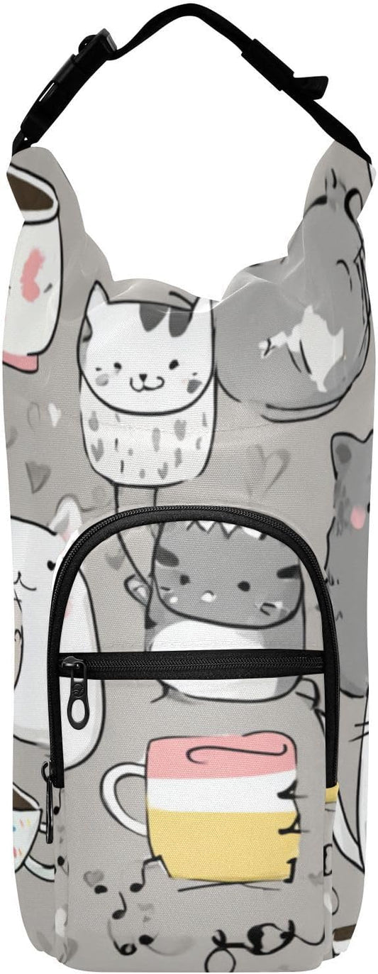 Grey Cat Water Bottle Holder with Strap Insulated Water Bottle Carrier Crossbody Bags Pouch with Phone Pocket for Travel Gym Hiking Walking Running