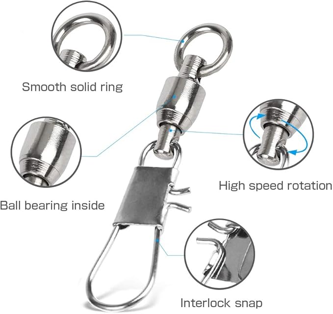 AMYSPORTS Fishing Swivels with Interlock Snap Ball Bearing Swivels Fishing Snap Swivels Saltwater Freshwater Fishing Tackle Leader Lure Jigs Line Fishing Connector