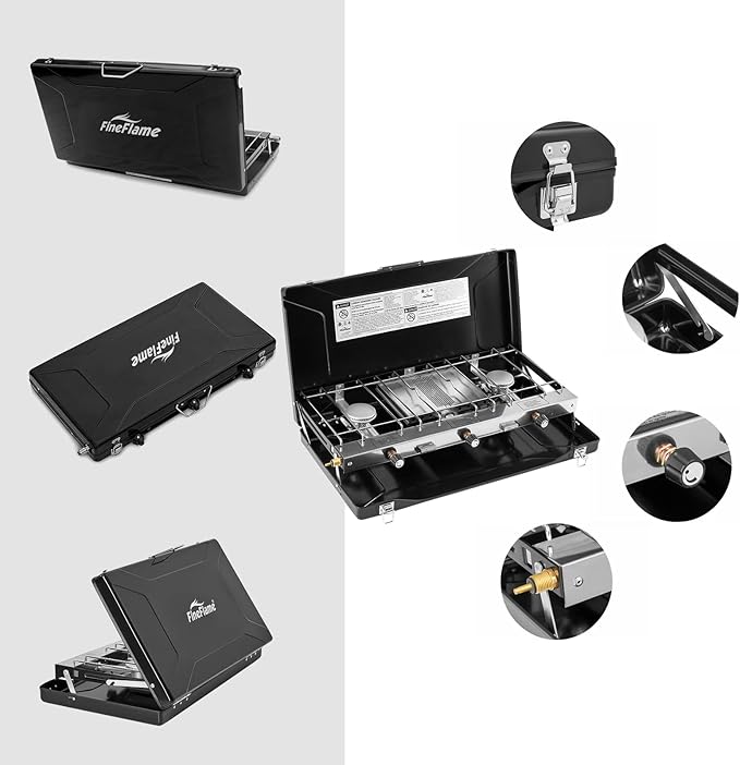 Camping Stove, 3 Burners Propane Portable Camp Stove with Regulator, Push-Button Instant Ignition, Adjustable Burners & Wind Guards for Car BBQ Picnics Outdoor Cooking (BLACK-20400 BTUs)