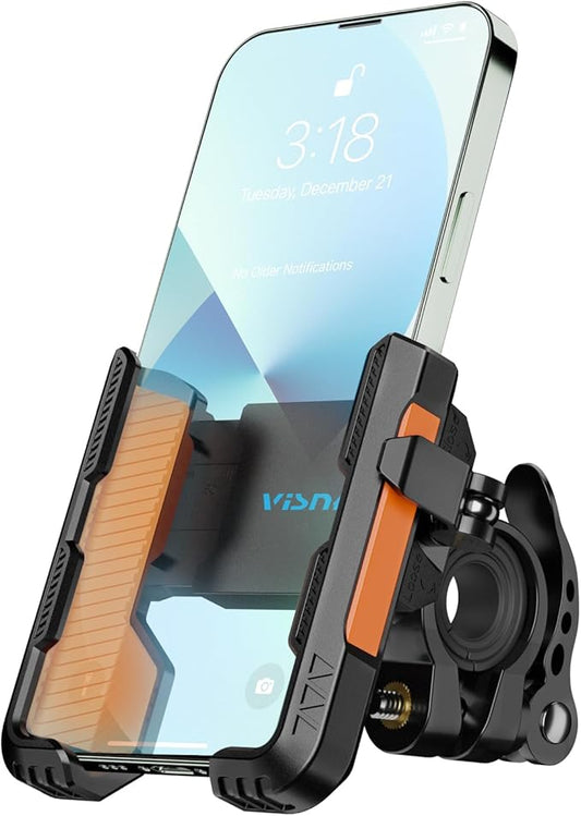 New Upgraded Bike Phone Mount Holder Two Connectors Quickly Lock and Release,360°Rotatable Bicycle Motorcycle Scooter Accessories Handlebar Phone Clip for 4.0"-7.0" Smartphone (Orange)