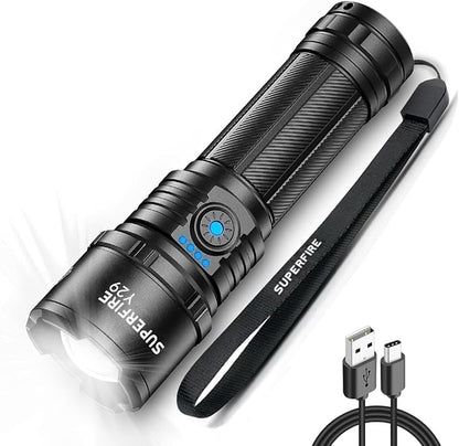 SuperFire Rechargeable Flashlights Bright Lumens, 5 Modes & Memory Function with 3000mAh Removable Battery, USB-C Zoomable & Waterproof, Perfect for Home Use