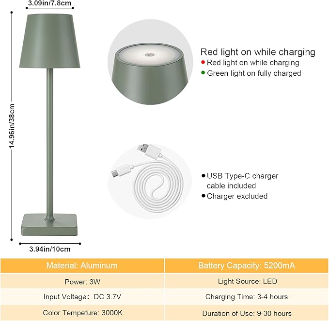 2 Pack Rechargeable Cordless Table Lamps, 5200mAh Battery Touch Table Light, Aluminum Shell Stepless Dimmable Portable LED Desk Lamp for Dinner/Restaurant/Outdoor Green