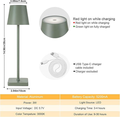 2 Pack Rechargeable Cordless Table Lamps, 5200mAh Battery Touch Table Light, Aluminum Shell Stepless Dimmable Portable LED Desk Lamp for Dinner/Restaurant/Outdoor Green