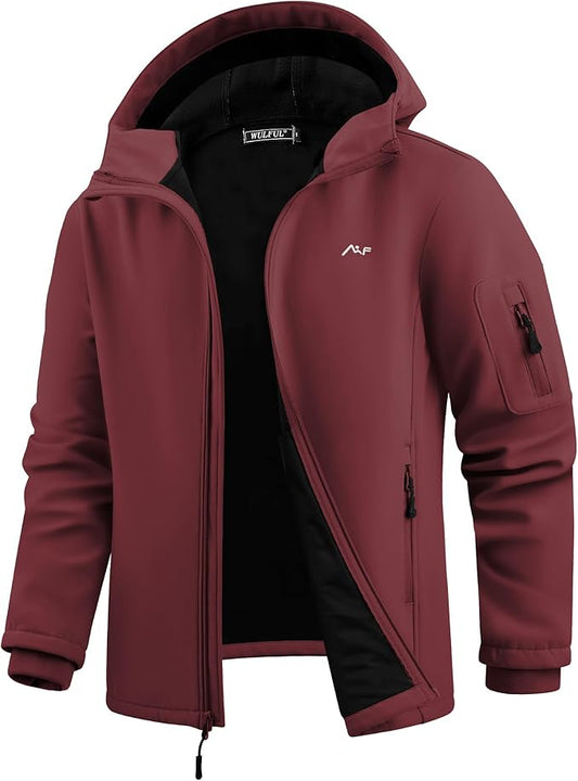 WULFUL Men's Lightweight Softshell Jacket Warm Fleece Lined Windbreaker Waterproof Soft Shell for Outdoor Hiking