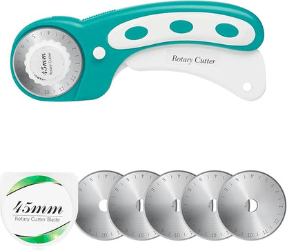 45mm Rotary Cutter with 5pcs Extra Blades, Ergonomic Handle Rolling Cutter with Safety Lock for Fabric, Leather, Crafting, Sewing, Quilting, Fabric Rotary Cutter Perfect for Left & Right Hand (Green)