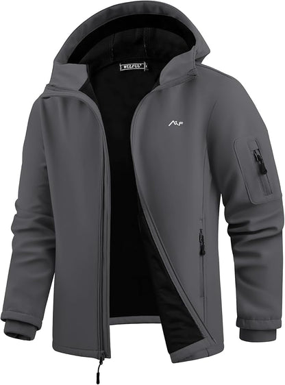 WULFUL Men's Lightweight Softshell Jacket Warm Fleece Lined Windbreaker Waterproof Soft Shell for Outdoor Hiking