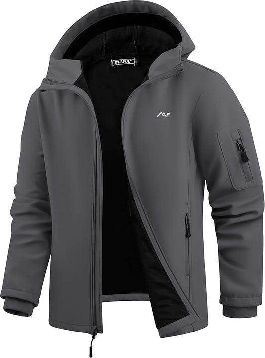 WULFUL Men's Lightweight Softshell Jacket Warm Fleece Lined Windbreaker Waterproof Soft Shell for Outdoor Hiking