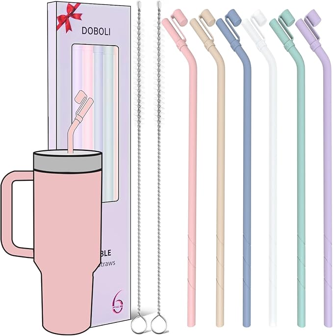 Doboli Replacement 13 inch Long Silicone Straw With Straw Cover,Compatible with Stanley Owala 40 oz 30 oz Cup Tumbler, 6 Pack Reusable Bent Straw with Cleaning Brush,for Stanley Tumbler Accessorie