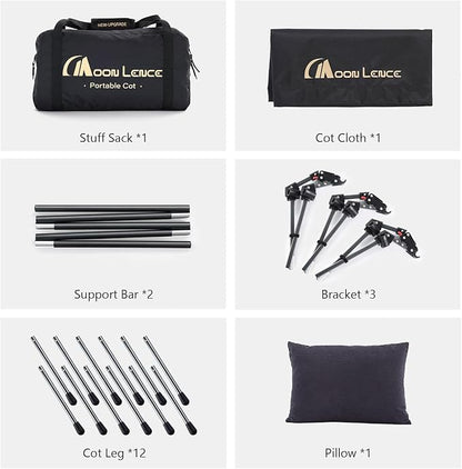 MOON LENCE Height Adjustable Camping Cot - Supports 330 lbs, Portable Folding Bed with Leg Extenders & Camping Pillow for Camping, Hiking, Sleeping, 1 Pack, Black