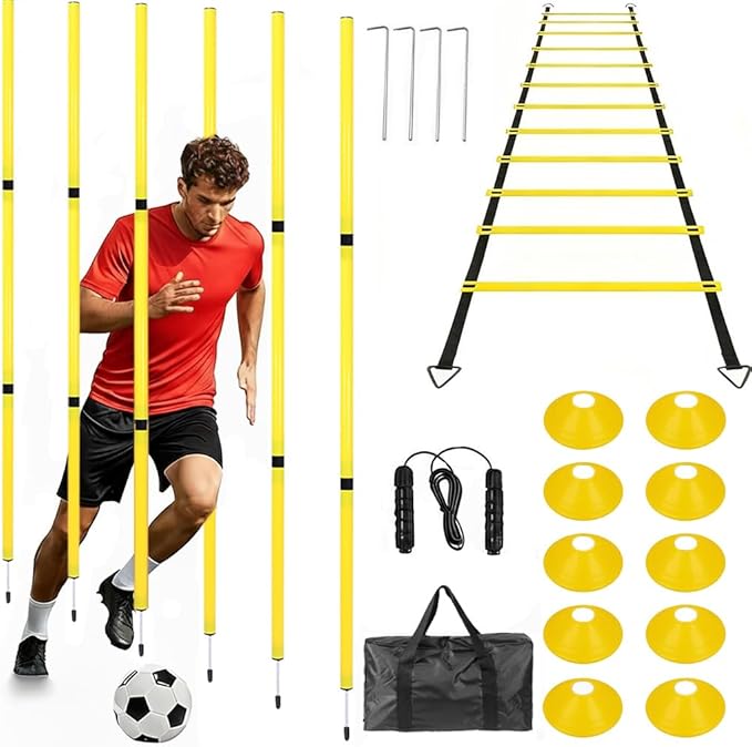 Soccer Agility Training Equipment, 6 Adjustable Soccer Training Agility Poles, 1 Speed Agility Ladder,10 Soccer Agility Cones for Training, 1 Jump Rope + Storage Bag for Youth Soccer Drills