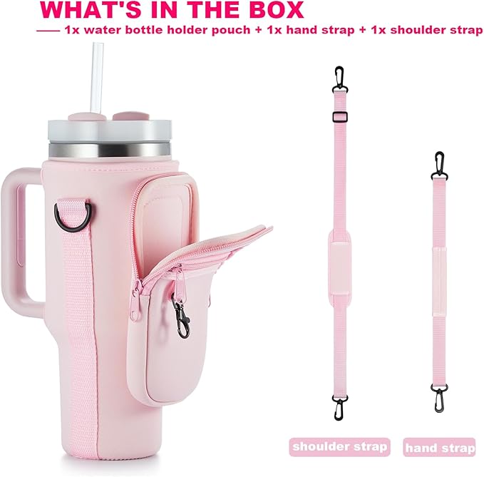 Water Bottle Carrier Bag with Phone Pocket for Stanley 40 & 30 oz Tumbler with Handle,Pink Insulated Neoprene Cup Holder Pouch w/Adjustable Strap for Quencher H2.0 Stanley Cup Accessories