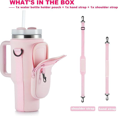 Water Bottle Carrier Bag with Phone Pocket for Stanley 40 & 30 oz Tumbler with Handle,Pink Insulated Neoprene Cup Holder Pouch w/Adjustable Strap for Quencher H2.0 Stanley Cup Accessories