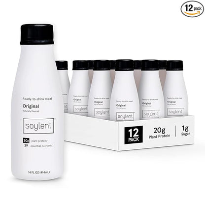 Soylent Original Meal Replacement Shake, Ready-to-Drink Plant Based Protein Drink, Contains 20g Complete Vegan Protein and 1g Sugar, 14oz, 12 Pack