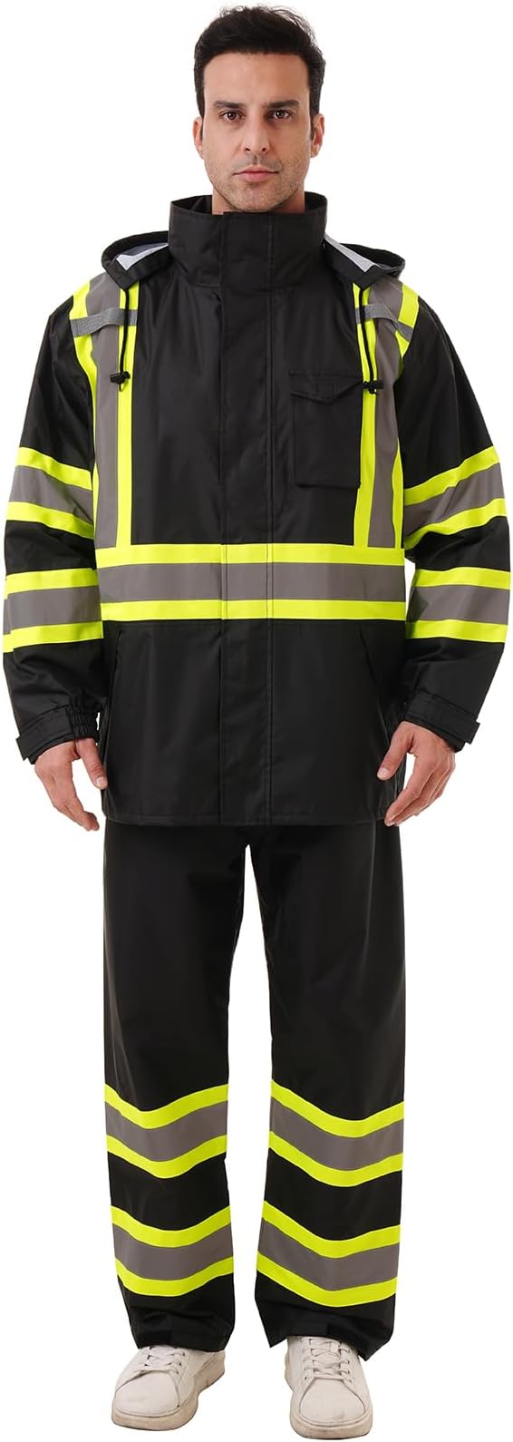 Hi Vis Safety rain Jacket，Reflective Class 3 Rain coat with Inner Mesh Lining and Pockets High Visibility Waterproof work Rain Suits for men&women（Black,SM/MD）